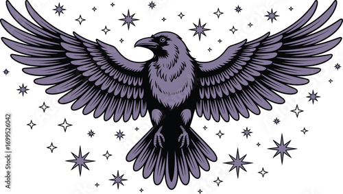 Purple raven with outstretched wings surrounded by stars