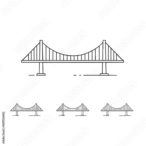 A clean, minimalist line art illustration depicts a modern suspension bridge, symbolizing connection and architectural engineering across a span.