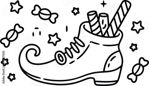 Black and white illustration of elf shoe with candies and stars