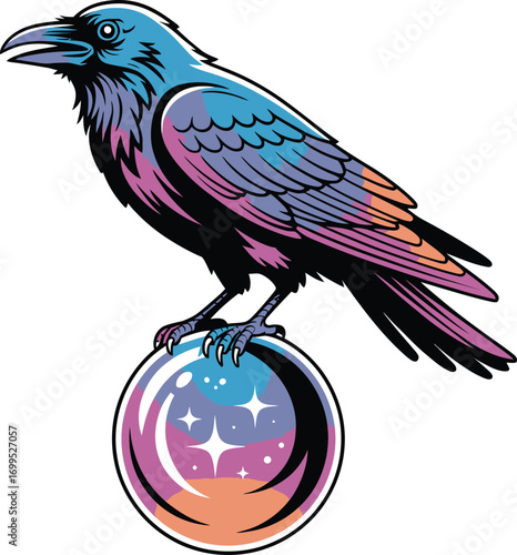 Blue and purple bird perched on a crystal ball raven