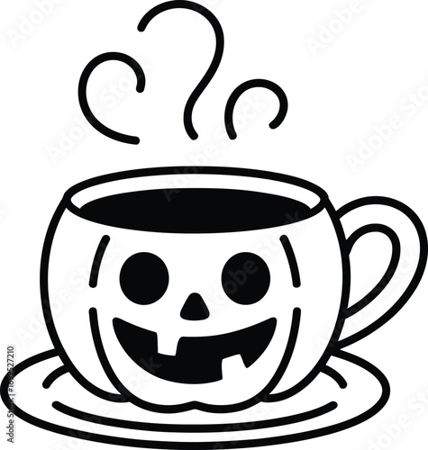 Black and white cartoon pumpkin coffee cup with steam