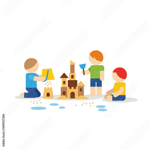 Children's Playful Illustration of Sandcastle Building on a Beach, Ideal for Educational Materials and Summer Activity Guides, promoting childhood development and creativity