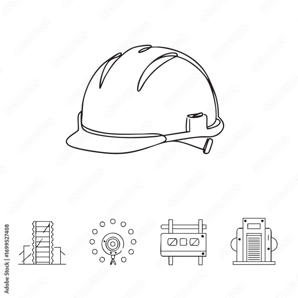 Fototapeta premium The image features a detailed black and white line art illustration of a protective hard hat, symbolizing safety, construction, and industrial work environments.