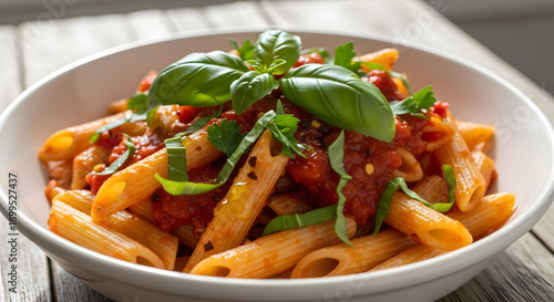 Delicious penne pasta with vibrant tomato sauce and fresh basil, a perfect Italian meal