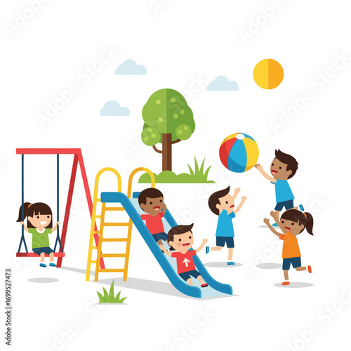 Cheerful Children Playing Together on a Playground, Enjoying Outdoor Activities and Building Friendships, Suitable for Educational Materials, Childcare Services, and Family-Oriented Content