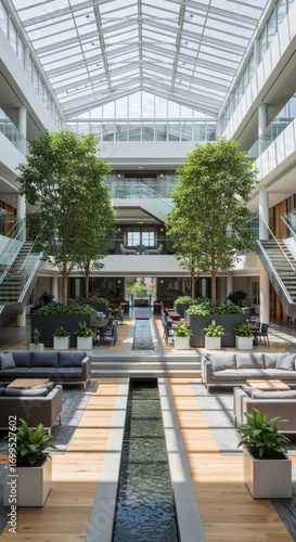 Elegant Interior with Natural Light, Water Feature, and Lush Greenery