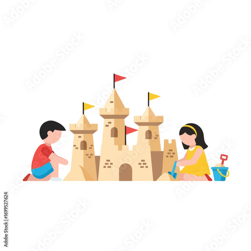 Children building a sandcastle on the beach, flat vector illustration for summer vacation themes and educational content about seaside activities.
