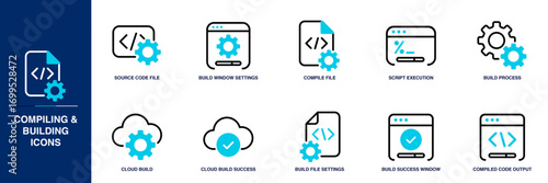 Compiling and Building Blue Colored Outline Icon Set