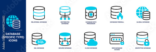 Databases (Specific Types) Blue Colored Outline Icon Set