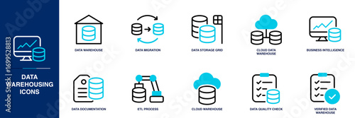 Data Warehousing Blue Colored Outline Icon Set