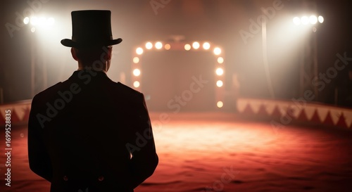 A person in formal attire, likely a ringmaster, stands back and looks towards a circus ring's illuminated stage.