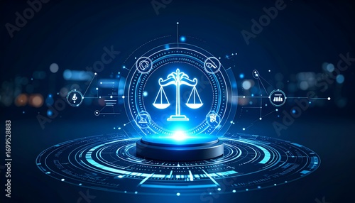 Futuristic digital legal technology concept with glowing scales of justice on a futuristic platform against a blurred city background representing innovation and law in the modern era