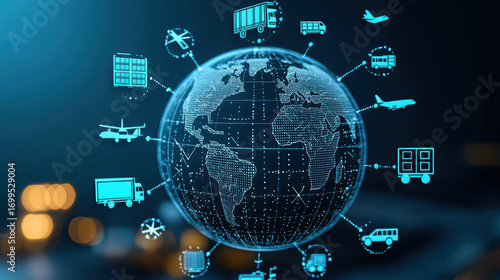 Global logistics network and supply chain transportation technology. worldwide delivery system showing futuristic icons
