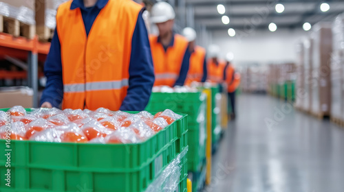 Close up of diligent warehouse workers managing inventory. focused team working on production line in depot