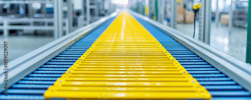 Systematic yellow conveyor belt on factory production line. Modern manufacturing industry with efficient automation