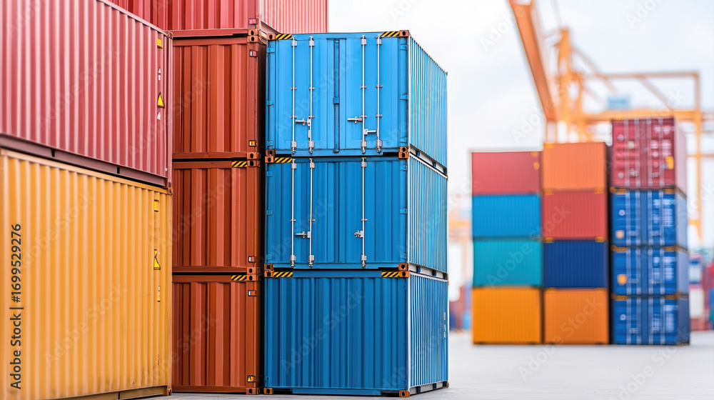 Fototapeta premium Colorful shipping container stack at port. Logistics, cargo, and freight industry background for global transport and trade