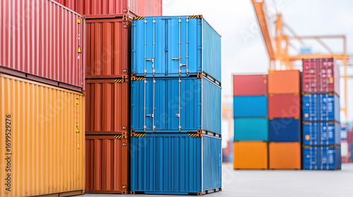 Colorful shipping container stack at port. Logistics, cargo, and freight industry background for global transport and trade