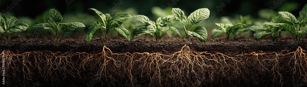 Fototapeta premium Agricultural growth showing benefits of healthy soil concept. Close-up of plant roots and green foliage in rich soil environment.