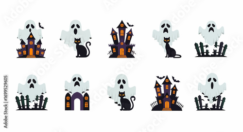 Hand drawn cartoon flying ghost with haunted house and black cat elements for Halloween celebration, vector art set