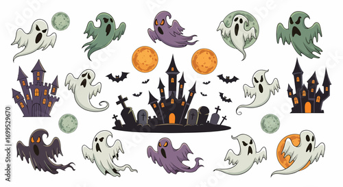 Halloween vector illustration of cute hand drawn cartoon flying ghosts and haunted castles with full moon and bats, spooky holiday design elements