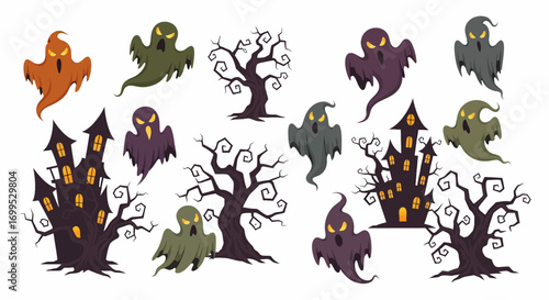 Spooky Halloween set with hand drawn cartoon flying ghost illustrations, haunted castles, and eerie trees isolated on a white background