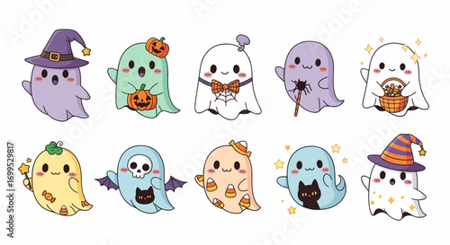 Vector collection of adorable hand drawn cartoon flying ghost characters in pastel colors, perfect for Halloween celebrations and festive designs
