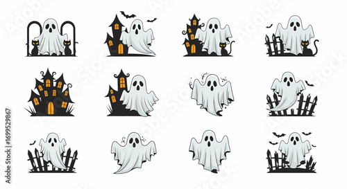 Collection of cute and spooky hand drawn cartoon flying ghost characters with haunted houses, bats, and cemetery elements for Halloween