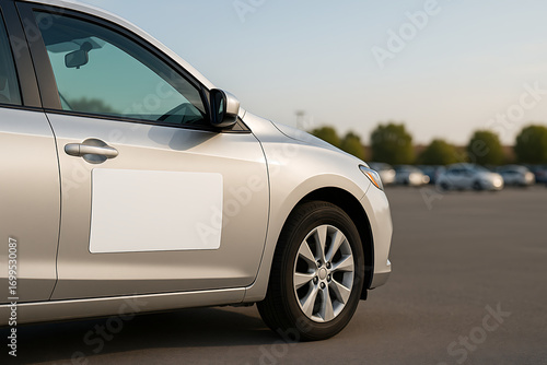 White magnetic car door sign mockup for custom advertising, placed on a silver automobile in a lot