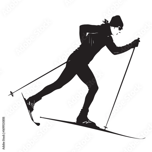 Black cross country skiing Silhouette Vector, High Quality Illustration on White Background