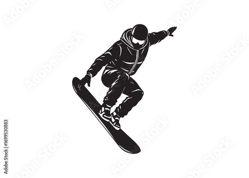 Snowboarder silhouette jumping downhill slope, dynamic winter sports illustration.