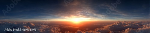 Breathtaking hdr panoramic sunset over clouds aerial view nature landscape high definition panorama