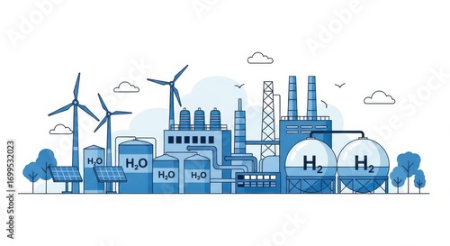 Green hydrogen production plant with renewable energy sources illustration
