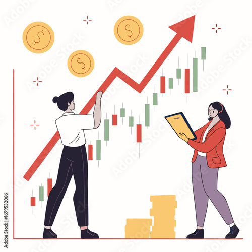 Vector art of two business people analyzing a stock market chart with an upward trend, indicating financial growth and success, they are using data to make decisions