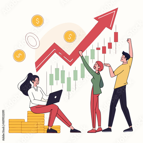 Vector art of enthusiastic team celebrating financial growth, woman with laptop sitting on gold coins, colleagues pointing to upward trend, symbolizing success and investment