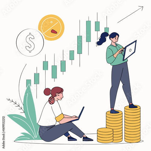 Vector art of two women analyzing stock market trends, one sitting with a laptop, the other standing on coins with a tablet, both observing the upward trend of stock prices