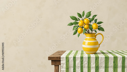 Yellow Lemon Branch in Yellow Ceramic Pitcher on Wooden Table with Green and White Striped Tablecloth