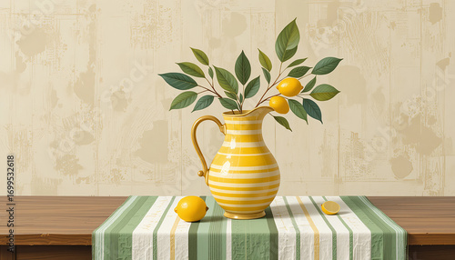 Yellow and White Striped Ceramic Vase with Lemon Branch on Table in Cozy Kitchen