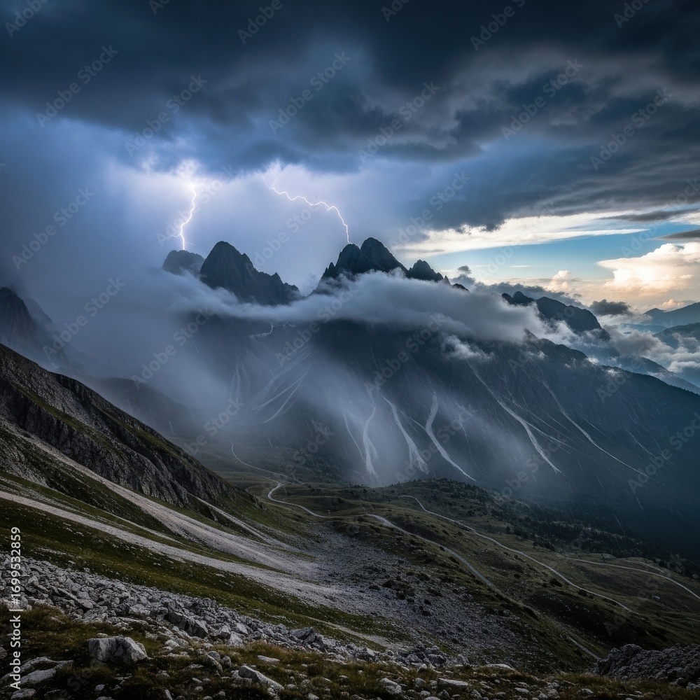 Fototapeta premium Epic mountain range under dark thunderstorm sky with lightning strike