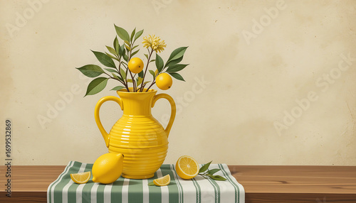 Bright Yellow Ceramic Vase with Lemon and Green Foliage on Wooden Surface