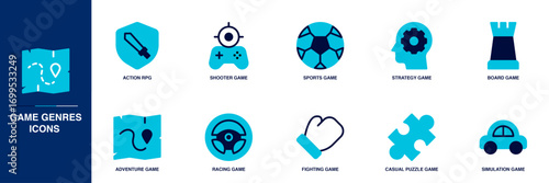 Game Genres Building Blue Colored Outline Icon Set