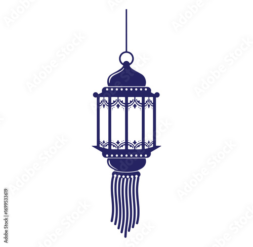 Decorative blue lantern with detailed ornaments and tassels hanging on a white background