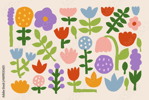 Colorful floral set with abstract flowers and leaves in flat hand drawn style. Flower market decorative botanical collection with bright spring and summer garden plants. Vector illustration.