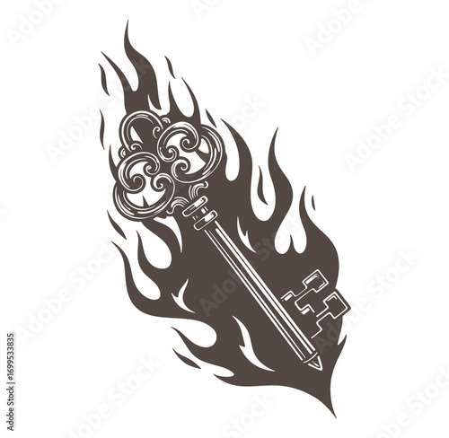 Decorative vintage key burning in flames stylized symbolism concept illustration