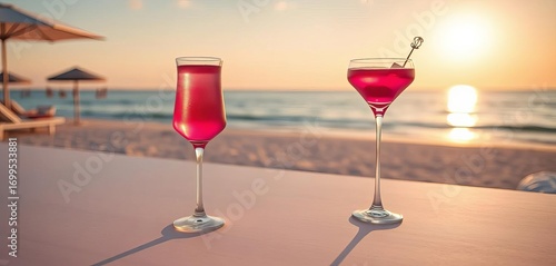 Two pink cocktails in elegant glasses cast long shadows on a minimalist beach setting,  serenity,  sand