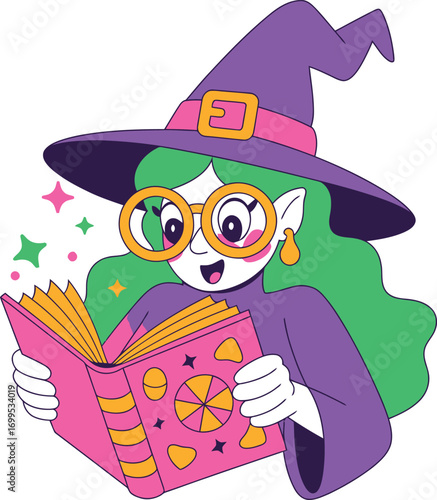 Cartoon witch with green hair reading a pink spell book