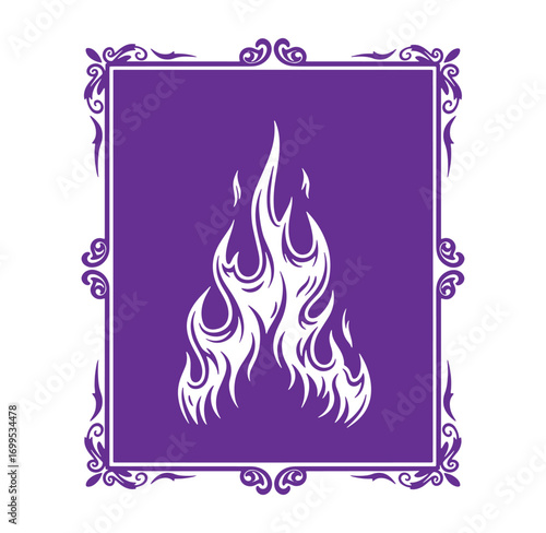 Elegant purple framed artwork depicting stylized white flames burning brightly with ornate borders