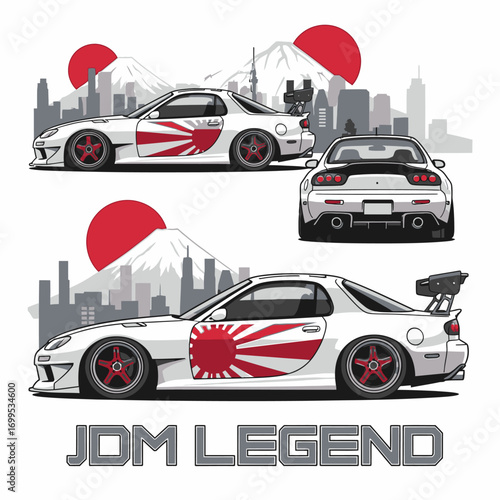 Illustration of a white sports car with Japanese flag design, mountain, and cityscape background.
