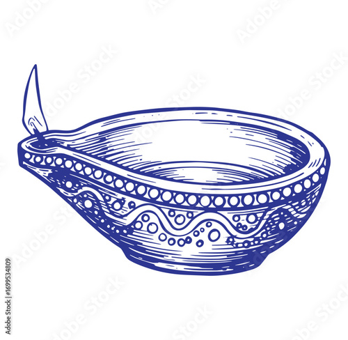 Hand drawn illustration of a traditional indian diya lamp with an artistic detailed design