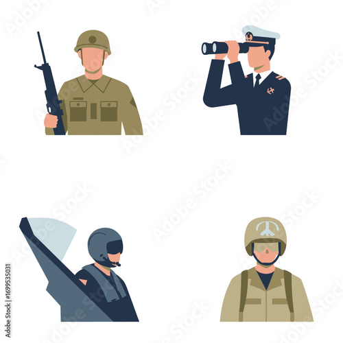 A collection of four flat vector illustrations showing military personnel: an army soldier with a rifle, a navy officer with binoculars, an air force pilot, and an infantryman.