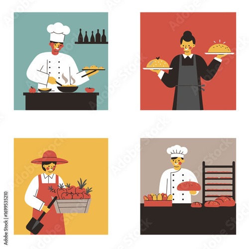 Four illustrations depicting different aspects of the food industry, from cooking to serving and farming.